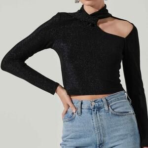 ASTR THE LABEL | Black Glitter Stretch Crane Metallic Cutout Mock Top | Medium